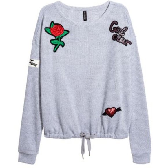 H&M Divided Women's Embroidered Gray Rib-Knit Pullover Sweatshirt Size Medium - Picture 2 of 15